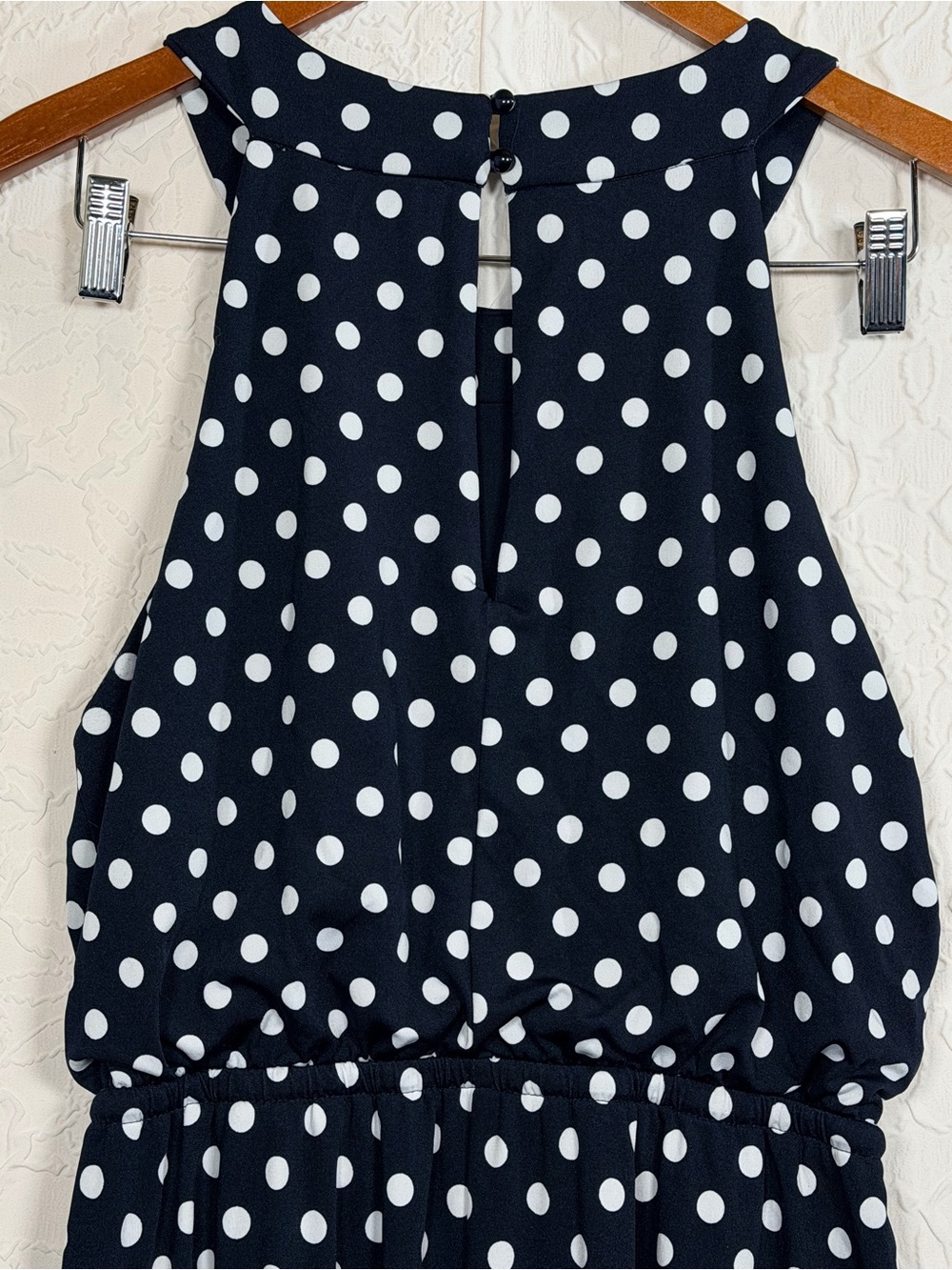 Emma & Michele Dark Navy Polka Dot Halter Wide Leg Cropped Romper Sz PM - Picture 11 of 14
